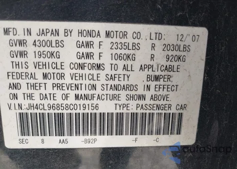 2008 Acura Tsx from USA, damaged, VIN JH4CL96858C019156